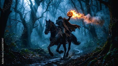 Headless horseman riding black horse with flaming pumpkin head.