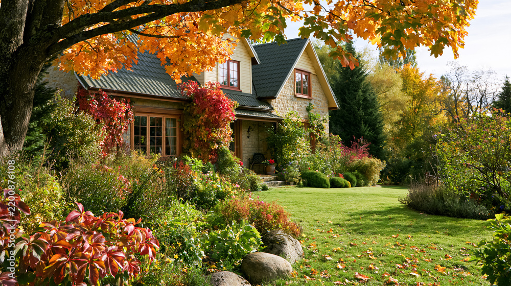 Fototapeta premium Countryside home surrounded by colorful fall trees and lush garden, showcasing the beauty of autumn season