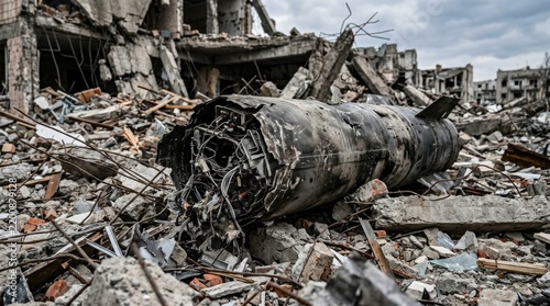 Fired Rocket Casing Lies in Rubble of Destroyed City Buildings During War Conflict Zone