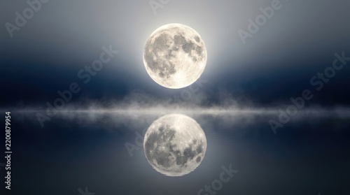 Full moon reflected in calm water with mist on the surface, night sky.