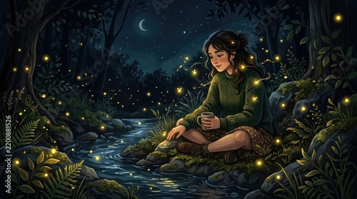 Girl in magical forest at night with fireflies and crescent moon