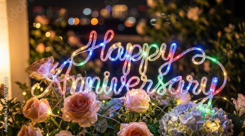 Happy Anniversary glowing text with roses and bokeh lights, romantic celebration
