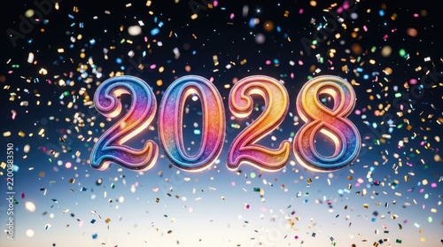 Happy New Year 2028 Celebration Background with Colorful Glitter Balloons and Confetti
