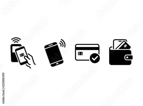 Four digital payment vector icons representing contactless mobile transactions, verified card payments and wallet storage