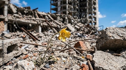 Hope Amidst Ruin: Single Yellow Flower Grows in Destroyed City Landscape