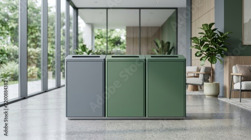 Minimalist modular waste sorting station mockup in modern corporate lobby interior.