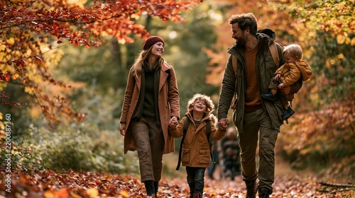a forest during autumn. The family consists of a man, a woman, and two children. The man carries a baby in his arms. The woman wears a brown coat, a green sweater, and a red beanie.