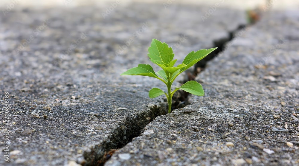 Obraz premium Small green plant growing through a crack in concrete pavement, concept of resilience and urban nature.