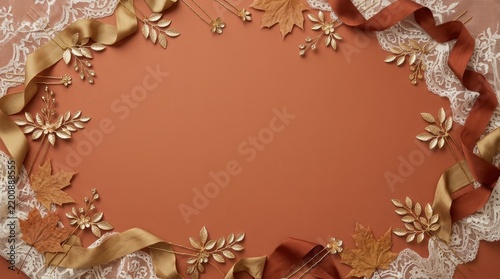 Elegant Autumn Bridal Wedding Frame with Gold Hairpins Silk Ribbons Maple Leaves and Lace around Flat Terracotta Copy Space for Hero Banner