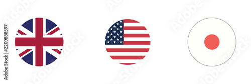 Set of round icon buttons featuring the flags of great britain united states of america japan flag icon uk flag