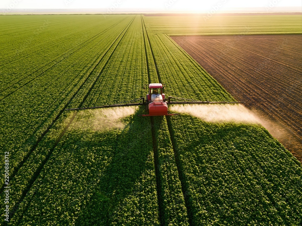 Obraz premium Aerial view of a crop sprayer applying pesticide across a green agricultural field with sunlight and dust spray.