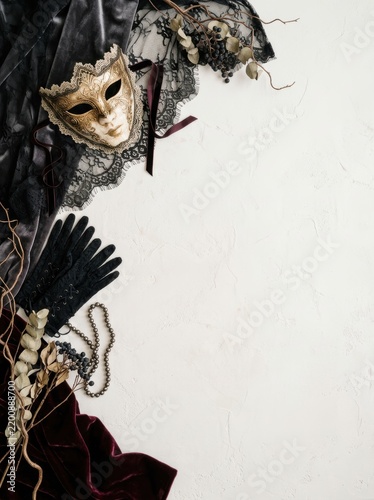 Sophisticated Halloween Masquerade Costume Banner with Golden Ornate Mask, Vintage Lace, Velvet Fabric, and Botanicals on Textured Background with Copyspace