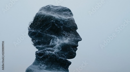Double exposure of a human head silhouette blended with ocean waves on a pale background.