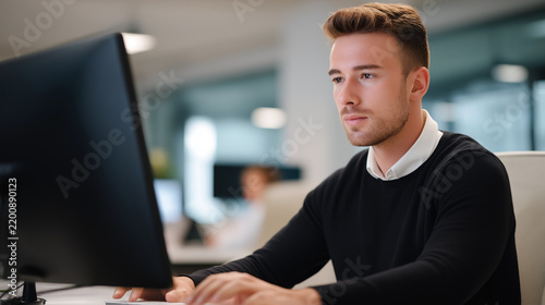 Young businessman working on computer at office desk