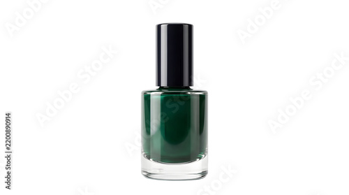 Dark emerald green nail polish bottle, professional glass manicure lacquer container, deep forest green cosmetic product isolated on white background