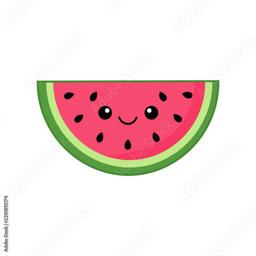 Cute watermelon slice illustration with pink-red flesh, black seeds, and green rind, isolated on a transparent background. Simple flat fruit design suitable for food graphics, summer themes, stickers