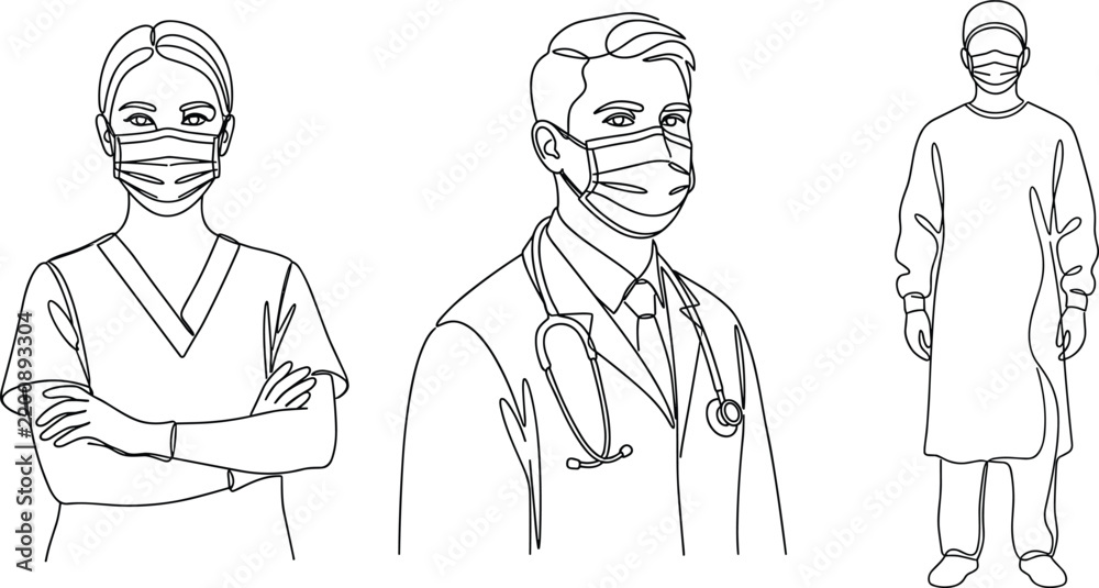 Fototapeta premium Continuous line art vector illustration of medical doctors and healthcare professionals wearing face masks and protective scrubs on white backdrop