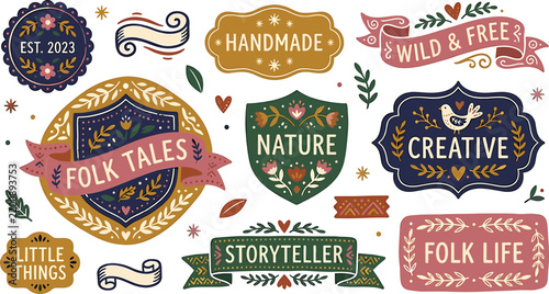 Cozy cottagecore style folk art label collection featuring rustic handmade stickers badges ribbons and vintage decorative banners