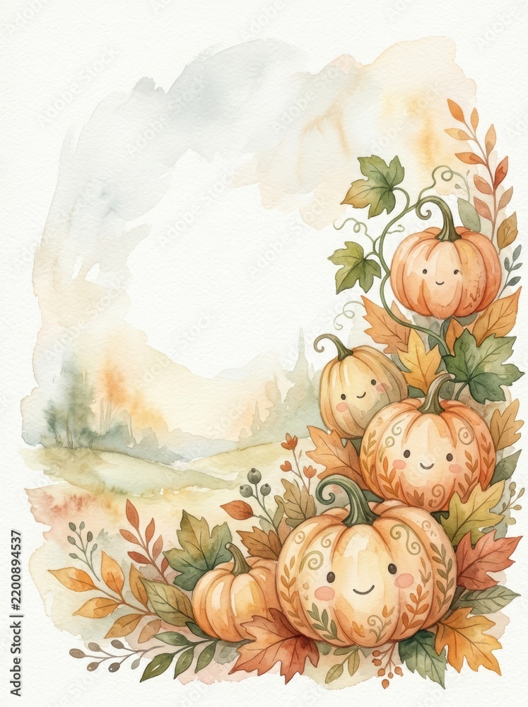 Fototapeta premium Whimsical Watercolor Halloween Pumpkin Illustration with Autumn Foliage and Copy Space for Digital Advertising