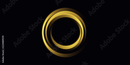 Abstract golden circular light rings on black background with glowing luxury design