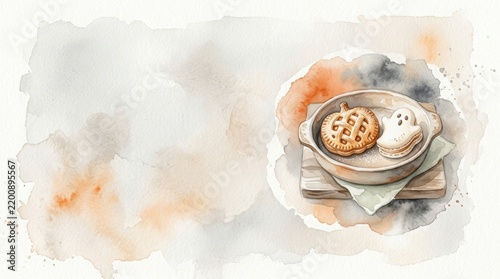 Minimal Watercolor Illustration of Halloween Baking with Pumpkin Lattice Pie and Ghost Cookie, Delicate Handcrafted Food Art Background with Large Copy Space for Recipe Content
