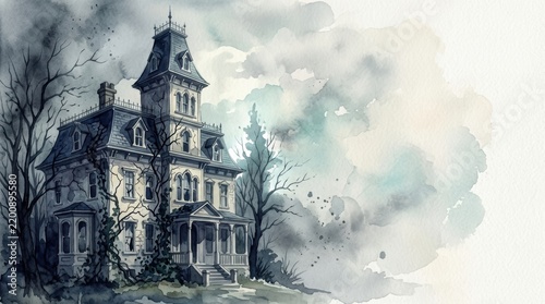 Eerie Watercolor Illustration of a Haunted Victorian Mansion with Copyspace, Desolate Gothic Architecture in Foggy Atmosphere