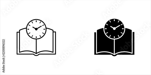 Minimalist outline icon set. of a clock over an open book, representing time management, scheduling, planning, education, and productivity.