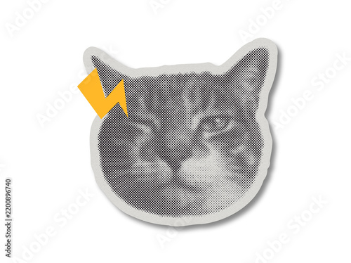 Halftone pop art cat head graphic with orange lightning bolt as an isolated sticker template on a transparent background