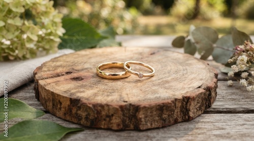 Two elegant gold wedding rings resting on a natural wooden tree slice.