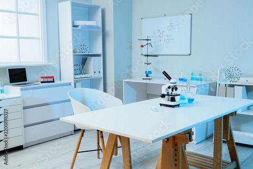 Scientific research and laboratory innovation, modern lab workspace with micr...