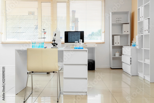 Scientific research and laboratory innovation, modern workspace with microsco...