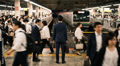 Obraz na płótnie 混雑した駅のホームに立つ日本のビジネスマンの後ろ姿、通勤風景