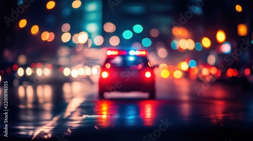 Police car with lights on driving at night