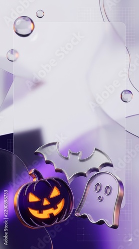 Vertical Y2K Retro Halloween Banner with Glossy 3D Icons on Purple Abstract Background