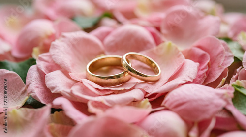 Obraz na płótnie ピンクのバラの花びらの上に置かれた2つのシンプルな結婚指輪