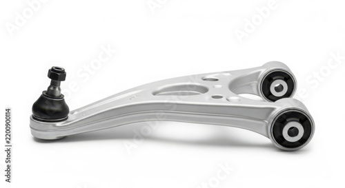 Metallic automotive suspension control arm featuring steel construction with rubber bushings and a ball joint isolated against plain white background