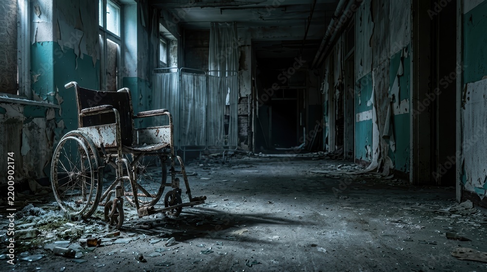 Obraz premium Abandoned Psychiatric Ward Corridor with Rusted Wheelchair and Copy Space