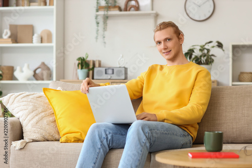 Young man working with laptop on sofa at home