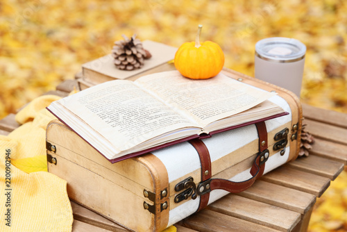 Suitcase with books, thermos and pumpkin on table in autumn park