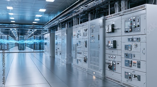 Photorealistic interior of a modern data center electrical distribution room, precise rows of switchgear and power management cabinets,