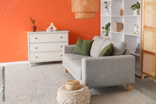 Interior of stylish living room with grey sofa, shelf unit and commode