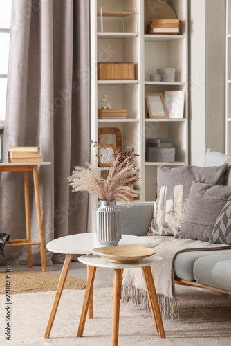 Stylish interior of living room with grey sofa and tables