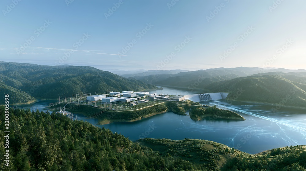 Obraz premium Photorealistic panoramic view of an AI data center on elevated land downstream from a hydroelectric dam