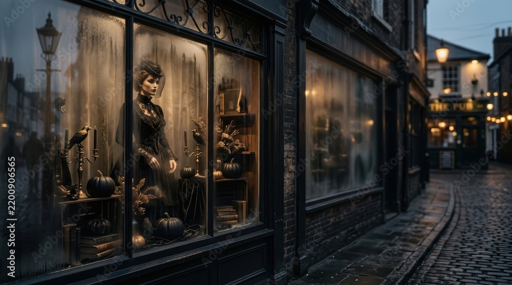 Fototapeta premium Elegant Gothic Halloween Boutique Window Display with Victorian Mannequin and Black Pumpkins on Misty Cobblestone Street