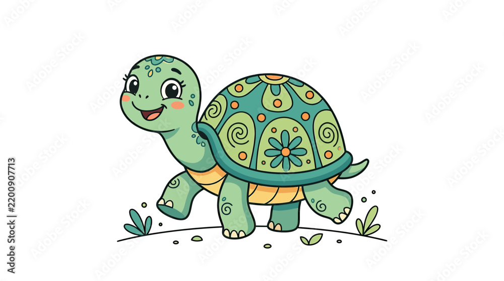 Obraz premium Cute Cartoon Turtle with Ornate Shell Isolated