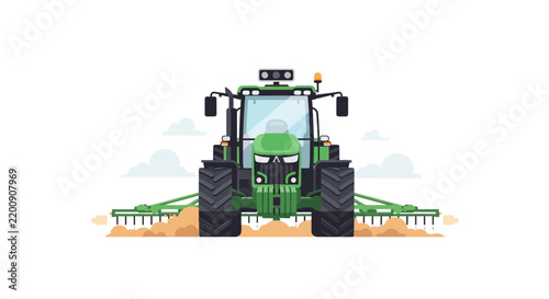 Modern Green Tractor with Agricultural Seeder Tilling Soil, Front View Vector Illustration, Smart Farming and Autonomous Agriculture Technology Concept
