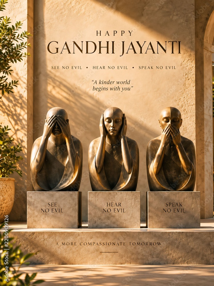 Fototapeta premium Three wise statues representing see no evil hear no evil speak no evil for gandhi jayanti celebration with bronze sculpture