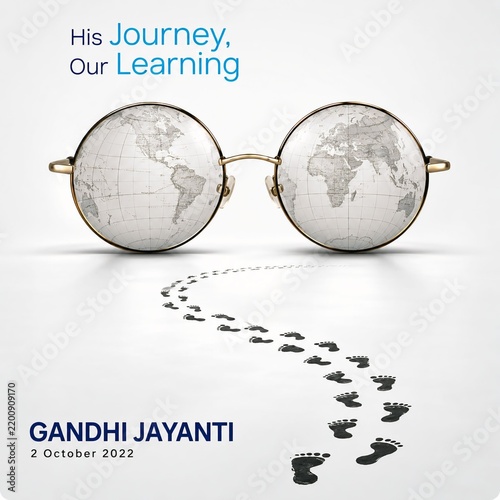 Creative conceptual design of eyeglasses with map lenses and footprints for gandhi jayanti world map mahatma gandhi