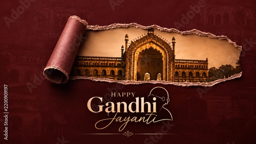 Happy gandhi jayanti concept with torn paper reveal of historic building architecture mahatma gandhi reveal effect