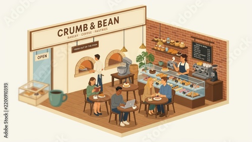 Detailed isometric vector illustration of a cozy artisan bakery and coffee shop interior